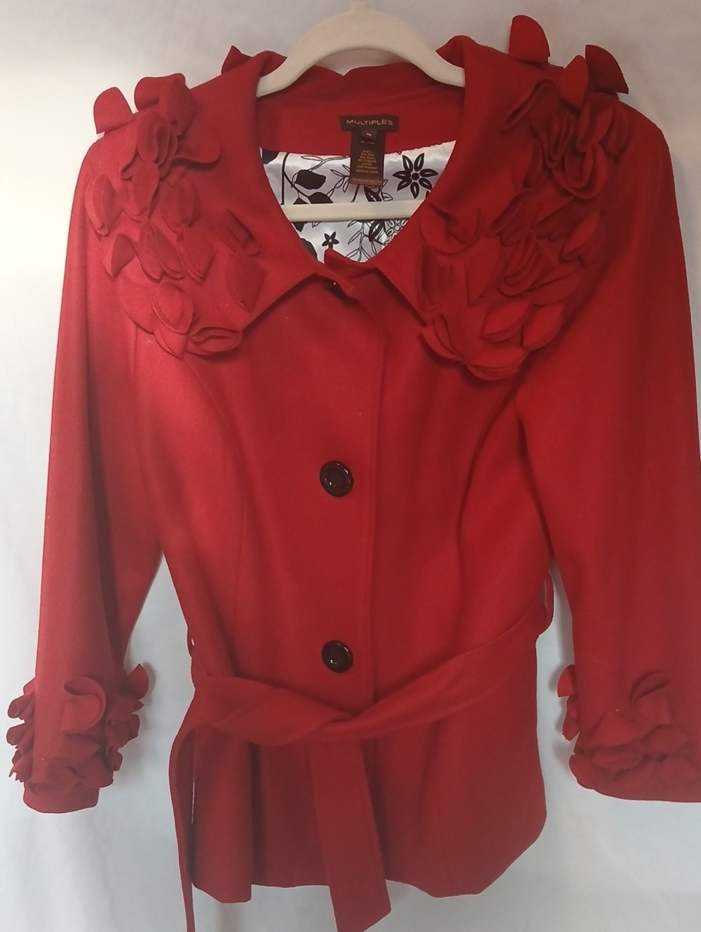 Red Floral-Trim Women's Coat with Belt